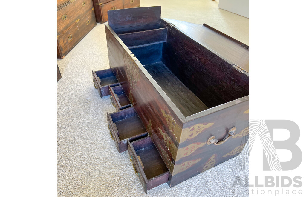 Interesting Indian Brass Mounted Hardwood Chest with Hidden Compartments