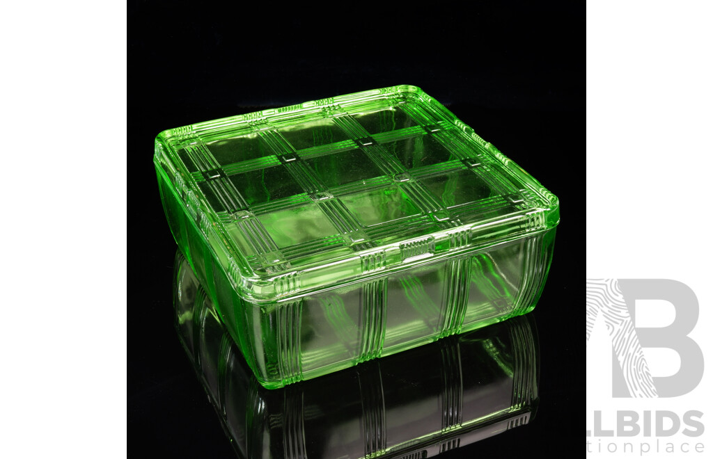 Antique Uranium Glass Lidded Square Container with Grid Pattern Decoration