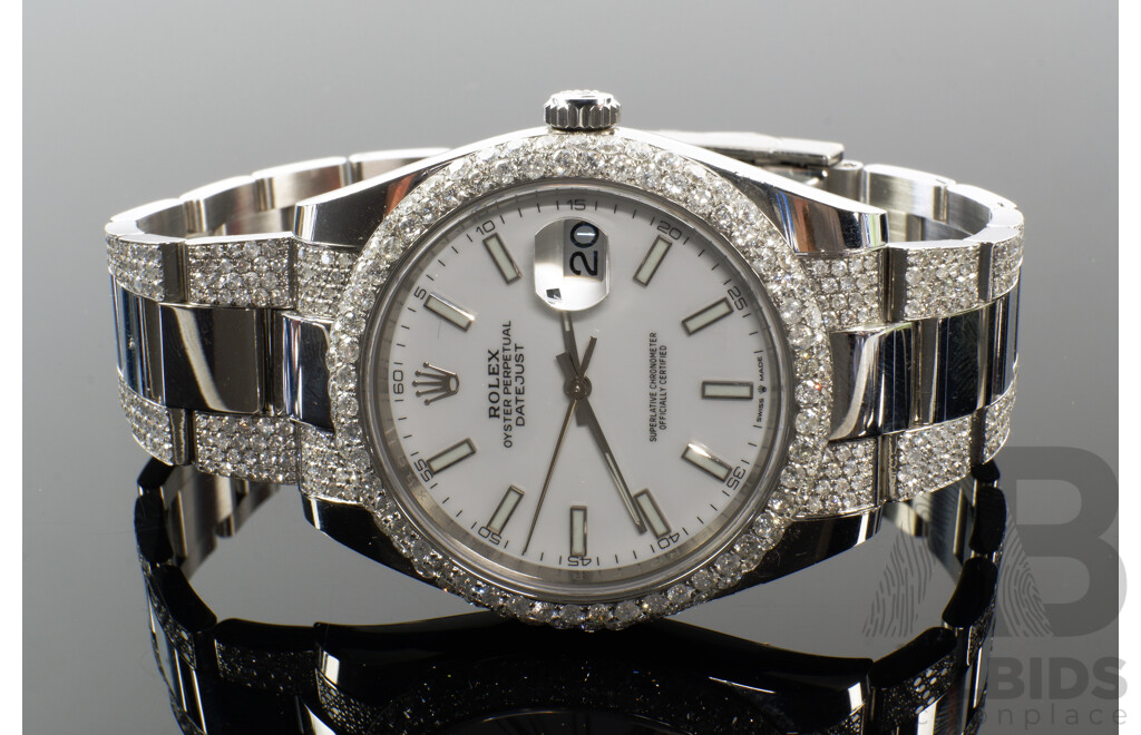 Rolex Datejust 41mm. White Dial, Fully Iced With Custom Diamond Bezel and Bracelet Set With SI Diamonds