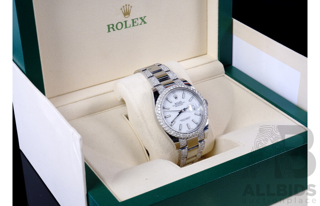 Rolex Datejust 41mm. White Dial, Fully Iced With Custom Diamond Bezel and Bracelet Set With SI Diamonds