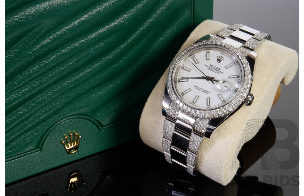 Rolex Datejust 41mm. White Dial, Fully Iced With Custom Diamond Bezel and Bracelet Set With SI Diamonds