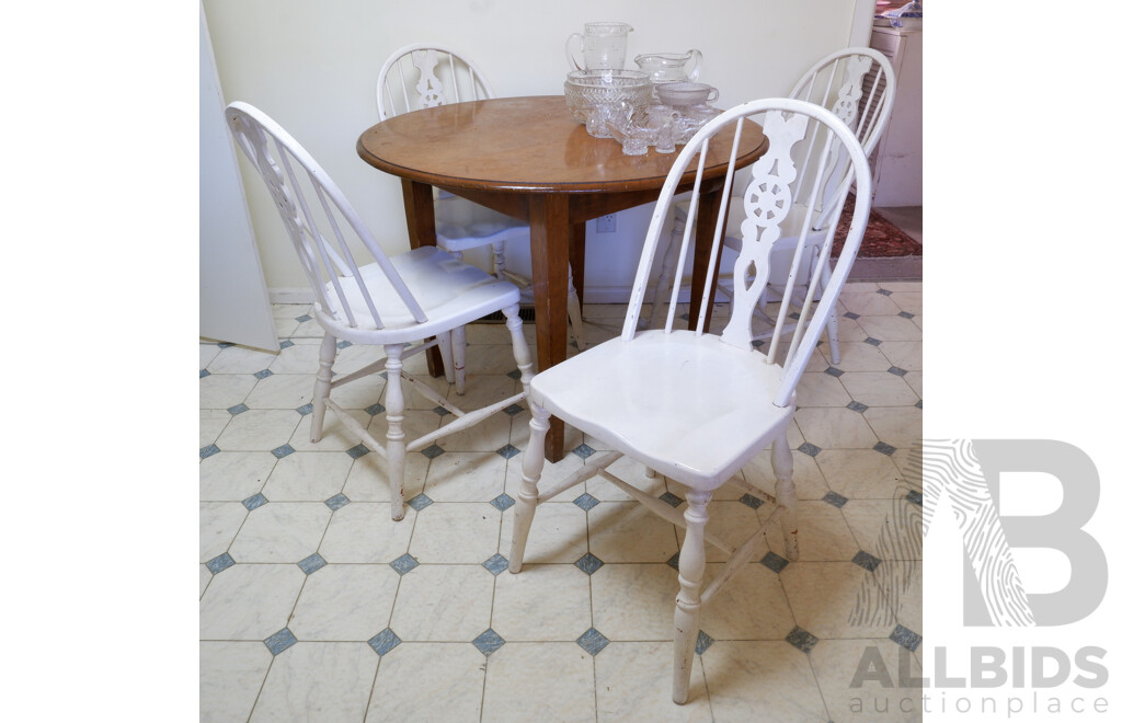 Vintage Oak Kitchen Table with Four White Wagon Wheel Back Dining Chairs