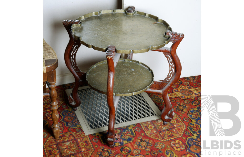 Vintage Chinese Folding Table With Two Profusely Engraved Brass Trays Decorated with Dragons