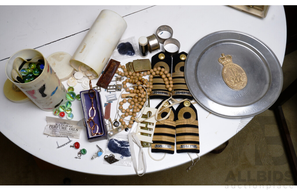 Two Set of Australian Navy Captain Shoulder Rank Boards, Jar of Marbles and Shells 