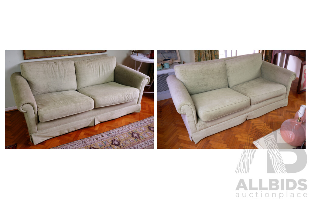 Pair of Vintage Two Seater Sofas with Vibrant Green Fabric Upholstery