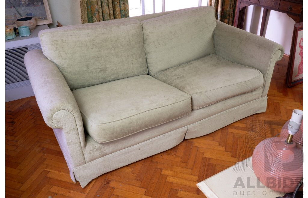 Pair of Vintage Two Seater Sofas with Vibrant Green Fabric Upholstery