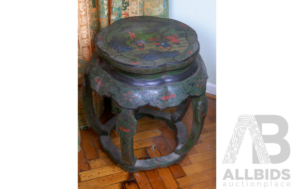 Vintage Chinese Hand Painted Drum Stool Decorated with Children Playing and Flowers