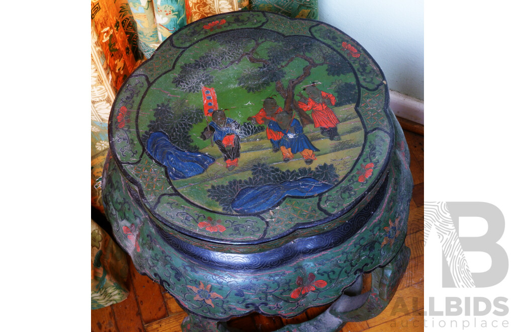 Vintage Chinese Hand Painted Drum Stool Decorated with Children Playing and Flowers