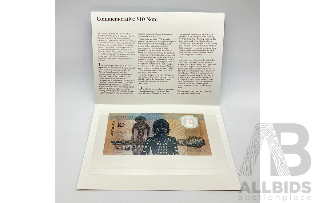 Australian 1988 Commemorative Ten Dollar Note in Folder