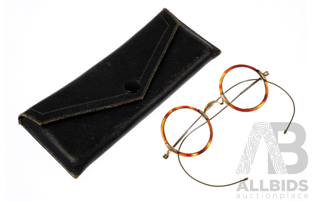 Antique American Tortoise Shell and Metal Eye Glasses in Leather Case