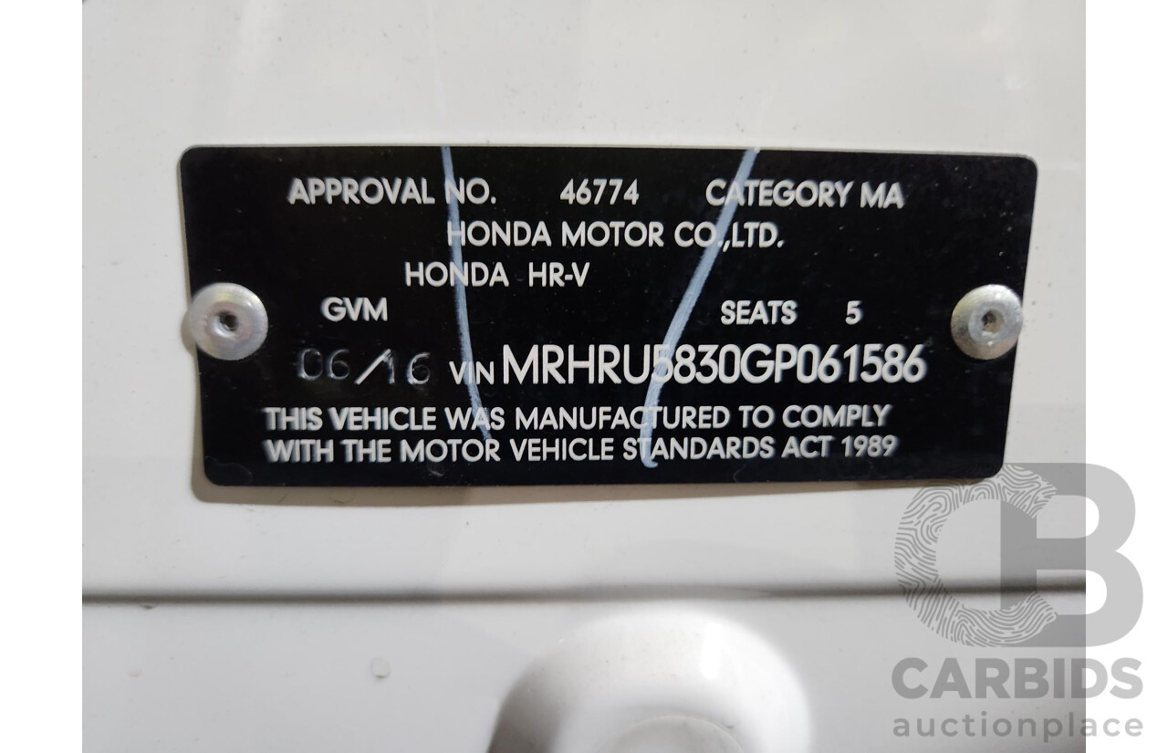 6/2016 Honda HR-V VTi 4d Wagon White 1.8L