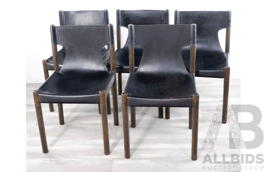 Five Mid Century Fler Flervilla Stained Oak and Black Leather Chairs