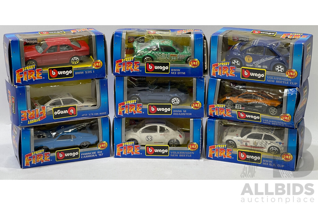 Burago Street Fire Series Cars 1/43 Scale - Lot of 9