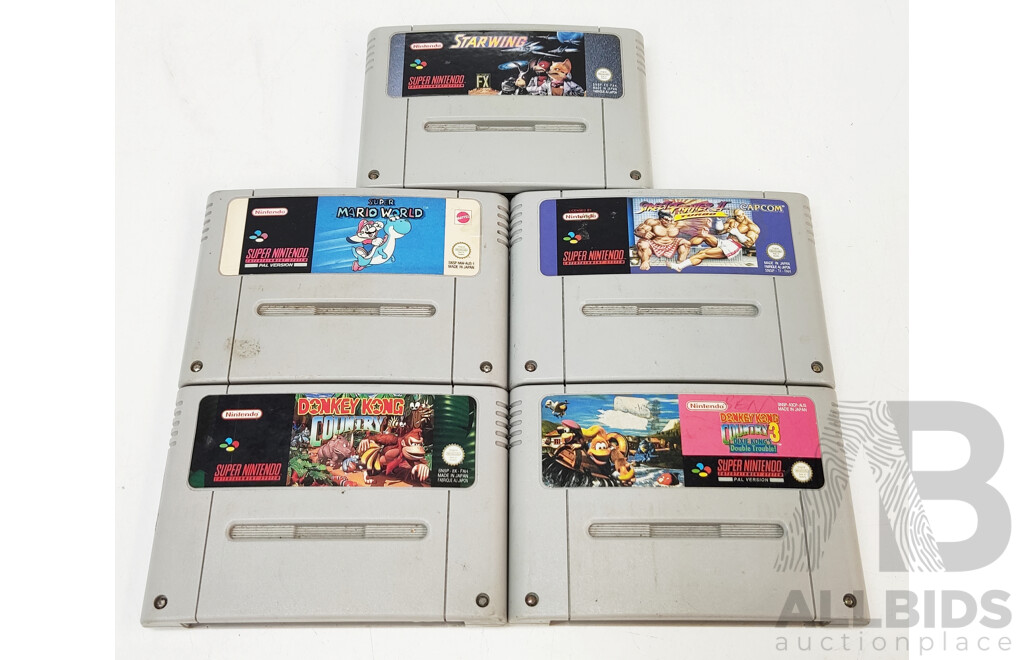 Nintendo Super NES Game Cartridges - Donkey Kong Country, Donkey Kong Country 3, Super Mario World, Starwing, Street Fighter II Turbo