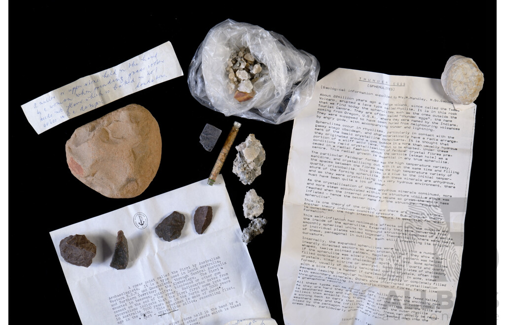 Collection Aboriginal Artefacts Including Spear Points, Grinding Stone (Muller), Plus Various Geological Specimens