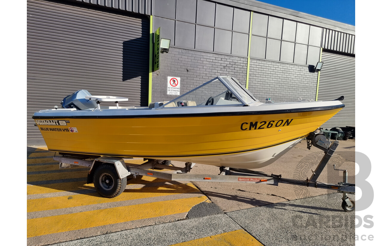 Deltacraft Bluewater V15 Fibreglass Runabout Boat With Evinrude VRO V4 115HP Outboard - H.I.N: AUWWA198342AT8 - Includes Girlock Galvanised Steel Trailer (CONVO214649)