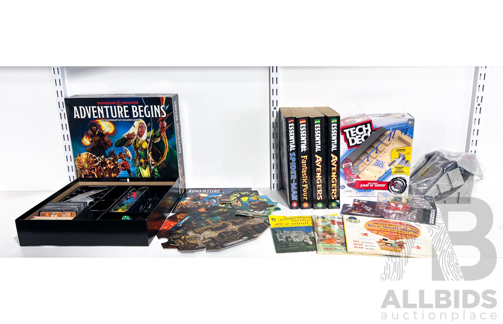 D&D Adventure Begins Boardgame, Comic Book Reprint Compilations, Three Disney Books and Tech Deck Accessories