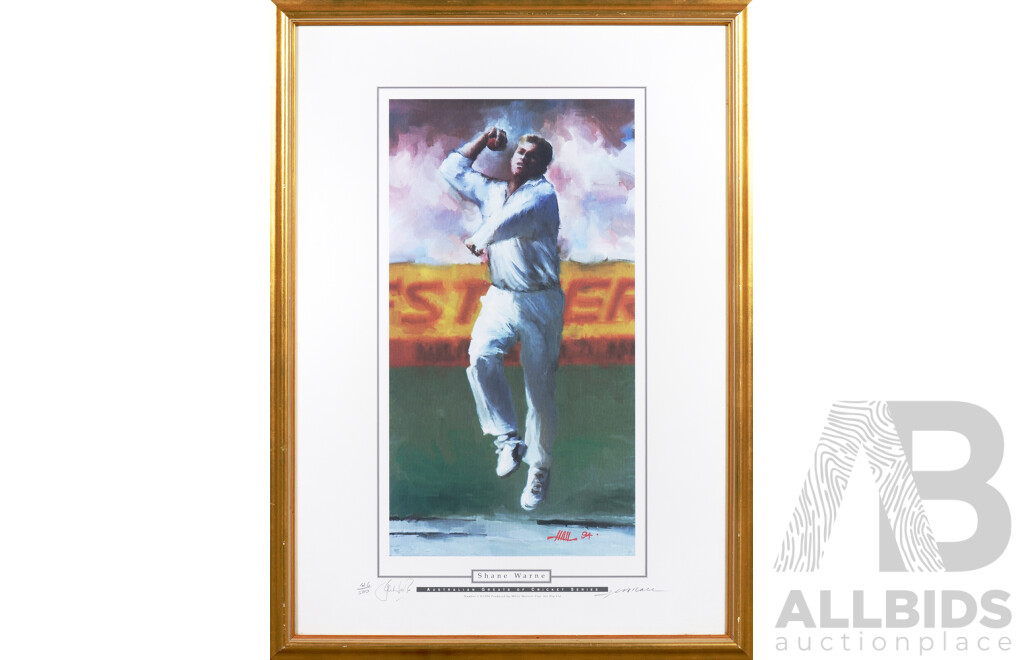 Framed Shane Warne Australian Greats of Cricket 1994 Limited Edition Print 126/500, Hand Signed by Shane Warne and the Artist