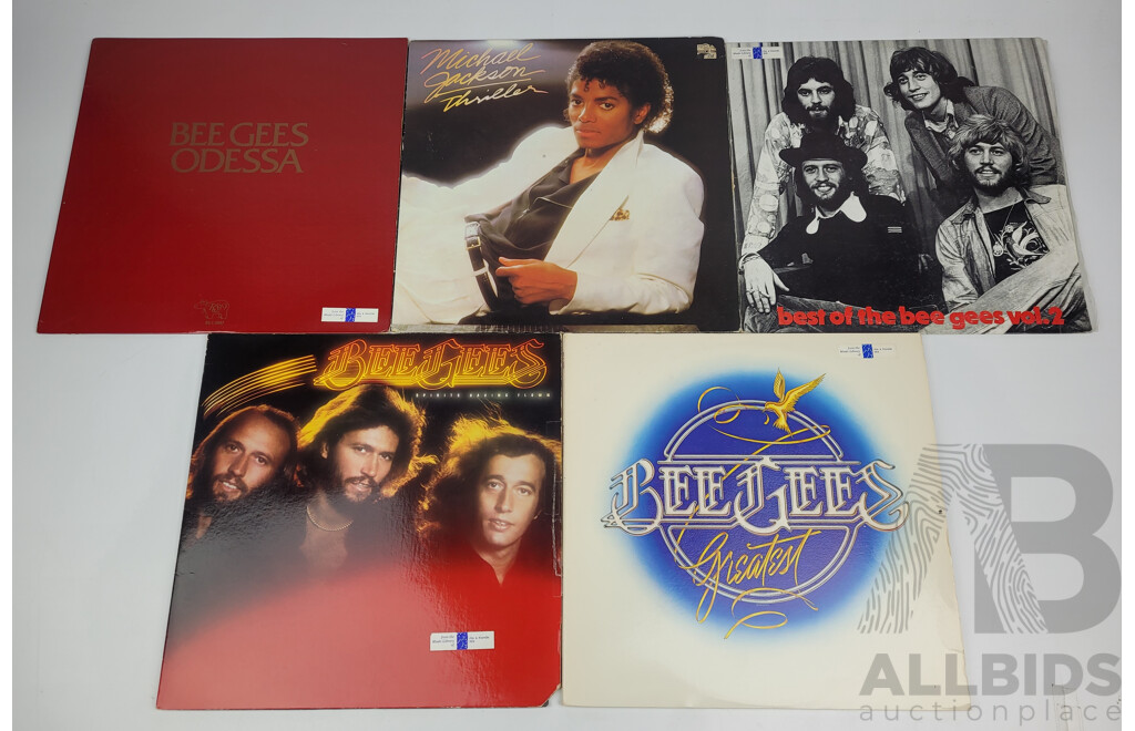 Five LP Vinyl Records Including Michael Jacksons Thriller and Four Bee Gees Titles