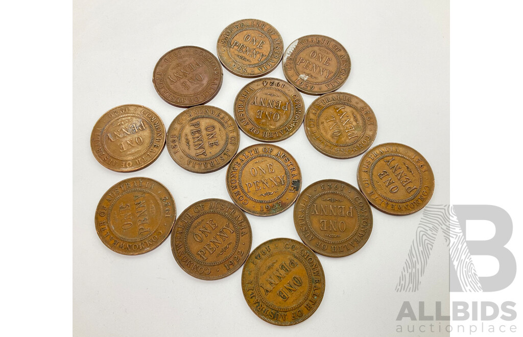 Australian Pennies Years 1920, 1921, 1922, 1923, 1924, 1927, 1928, 1929 (13)