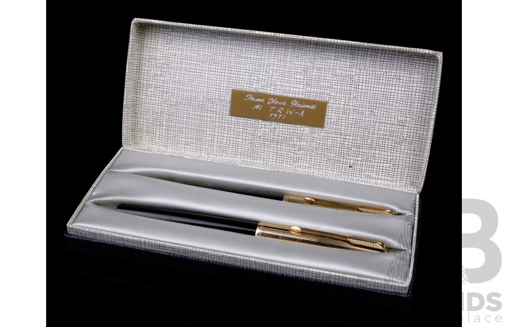 Retro Set Parker Fountain Pen and Parker Ballpoint Pen with 12ct Gold Top in Original Box