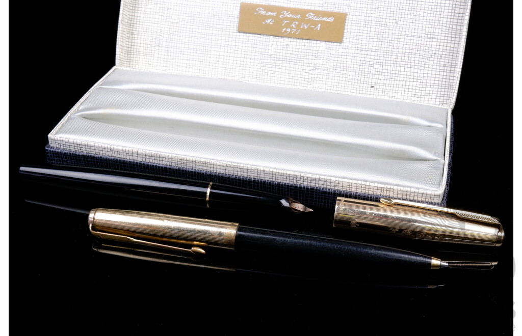 Retro Set Parker Fountain Pen and Parker Ballpoint Pen with 12ct Gold Top in Original Box