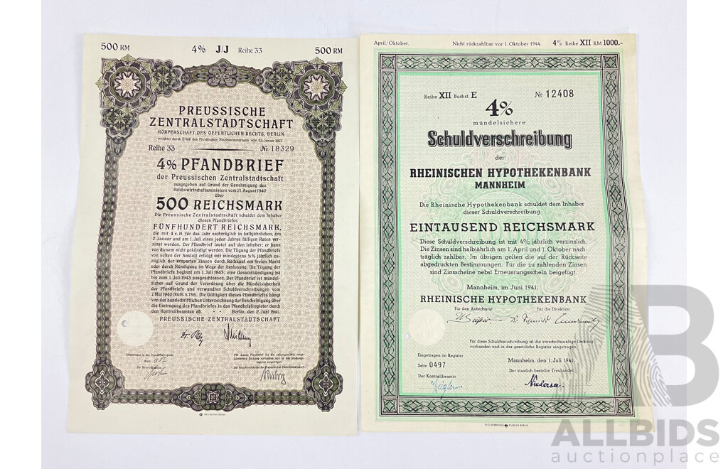 German Treasury Bonds, Berlin 1941 and Manheim 1941