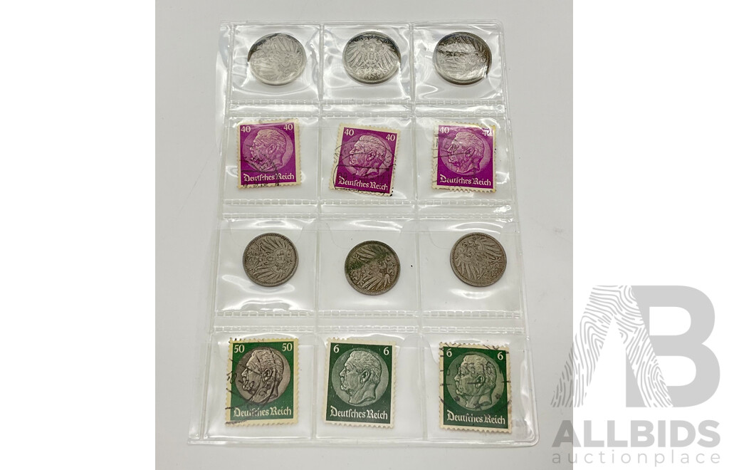 Vintage German Coins 1896, 1899, 1905 Ten Pfennig, 1907, 1912, 1944 Five Pfennig and 1930's Hindenburg Stamps 50, 40, 6 Pfennig