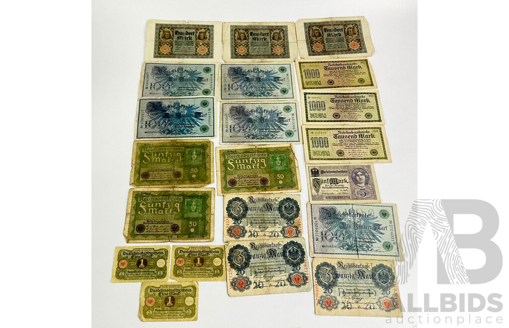 Antique German Reichsbank Notes Including Three 1920 Hundred Mark Notes, Five 1908 Hundred Mark Notes, Three 1914 Twenty Mark Notes, Three 1922 Thousand Mark Notes Add More