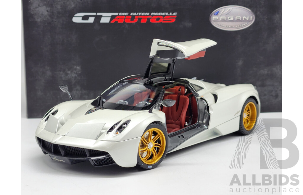 GT Autos Pagani Huayra Pearl White with Gold Wheels 1:18 Scale Model Car