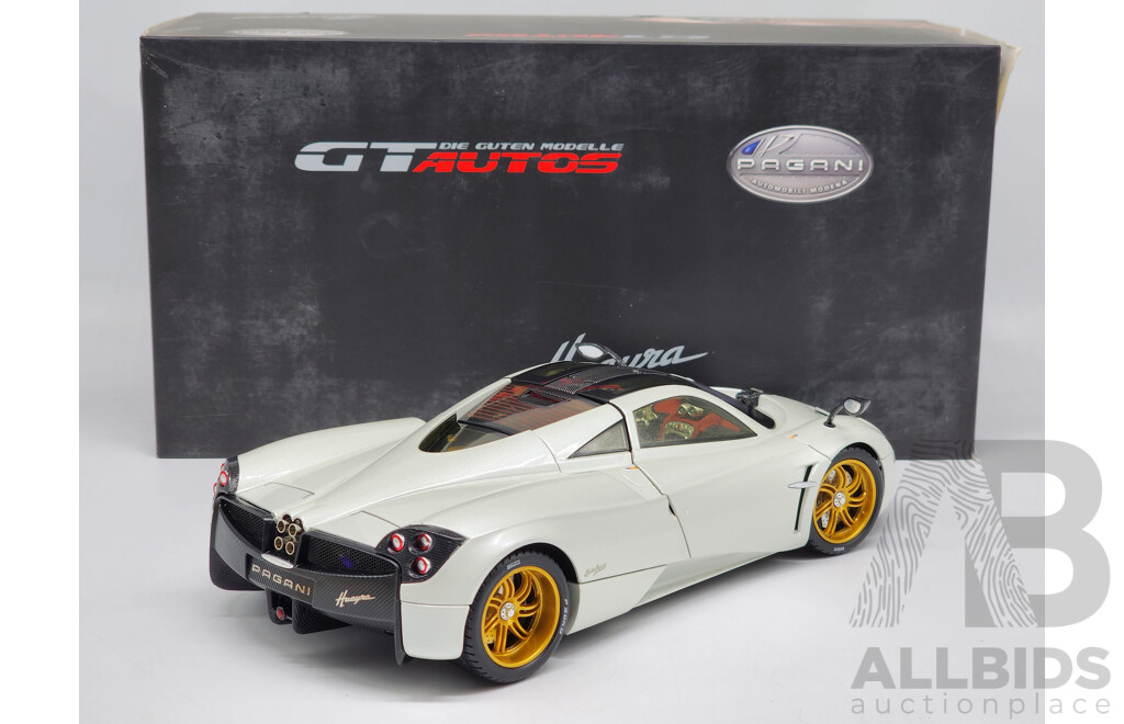 GT Autos Pagani Huayra Pearl White with Gold Wheels 1:18 Scale Model Car