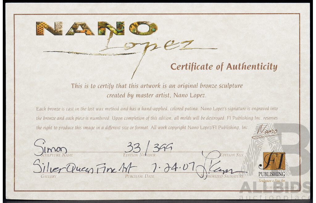 Nano Lopez (1955 - Colombian/American) Limited Edition Bronze Cat 'Simon', 33/399, with Certificate of Authenticity