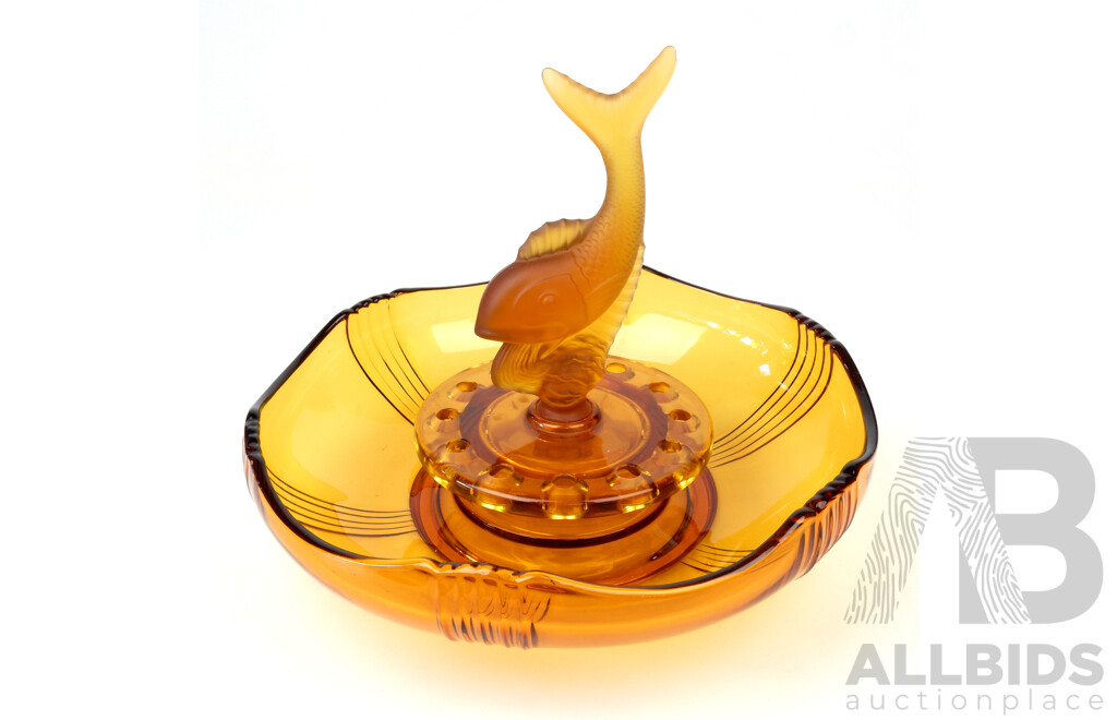Vintage Art Deco Amber Depression Glass Float Bowl with Fish Centerpiece