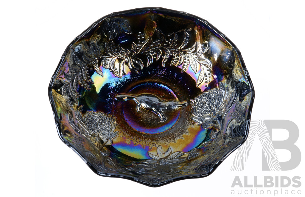 Contemporary Summerland Reproduction Carnival Glass Black Bowl with Playpus Motif to Center