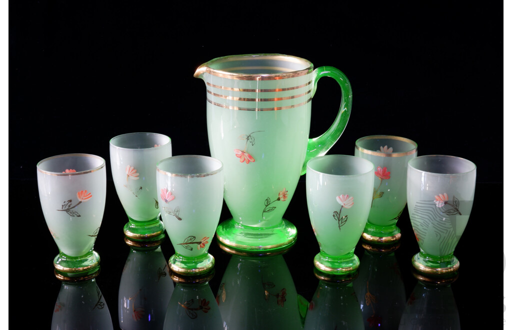 Set Vintage Hand Painted Frosted Uranium Glass Water Jug with Six Glasses