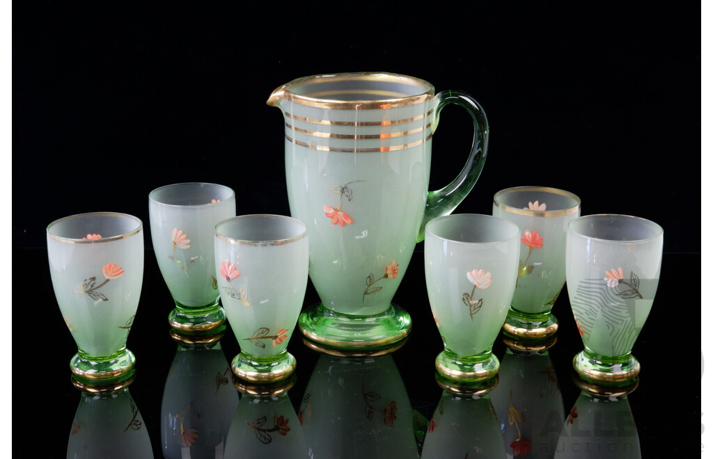 Set Vintage Hand Painted Frosted Uranium Glass Water Jug with Six Glasses