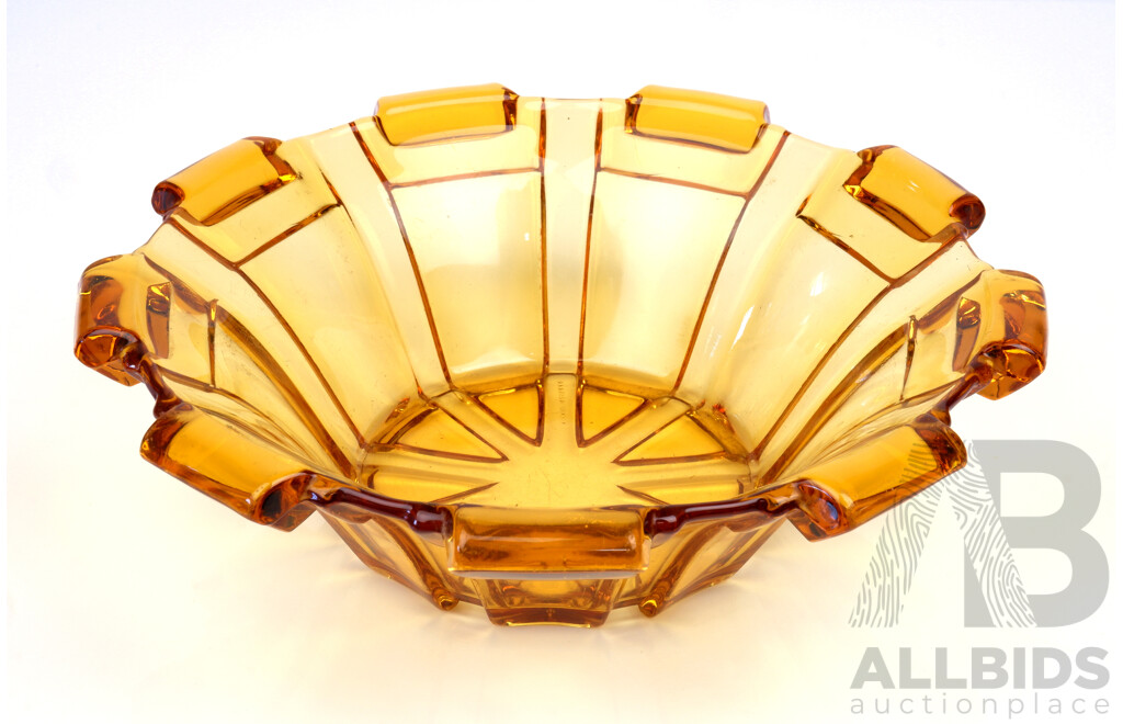 Vintage Art Deco Amber Glass Bowl, Marked Czechoslovakia to Base