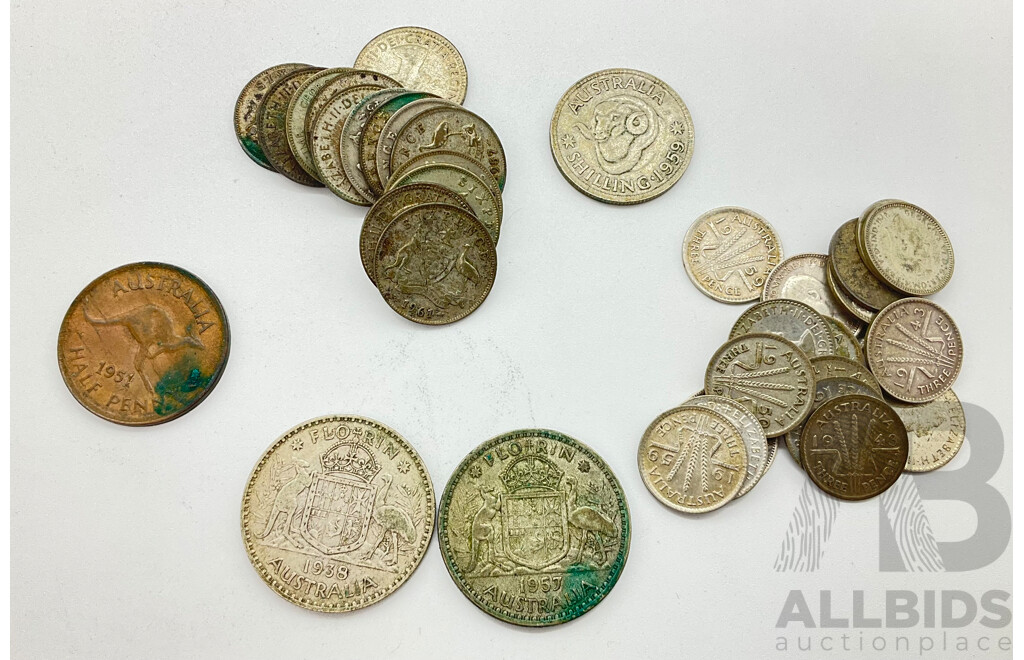 1951 Half Penny, 1938 and 1957 Florin, 1959 Shilling, Sixpence and Three Pence