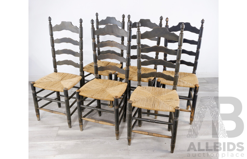 Set of Six Vintage Cottage Chairs with Ladder Backs and Rush Seats