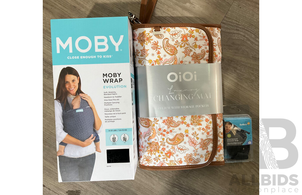 MOBY Warp Evolution Batik & OIOI Changing Mat & Safety 1st Child Restraint Extension Strap 600mm - Lot of 3 - Estimated Total ORP $189.00