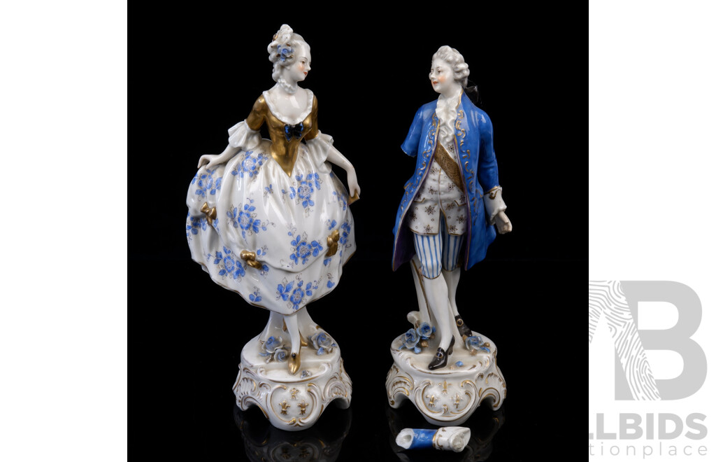 Two Antique German Volkstedt Porcelain Figures, Marks to Base