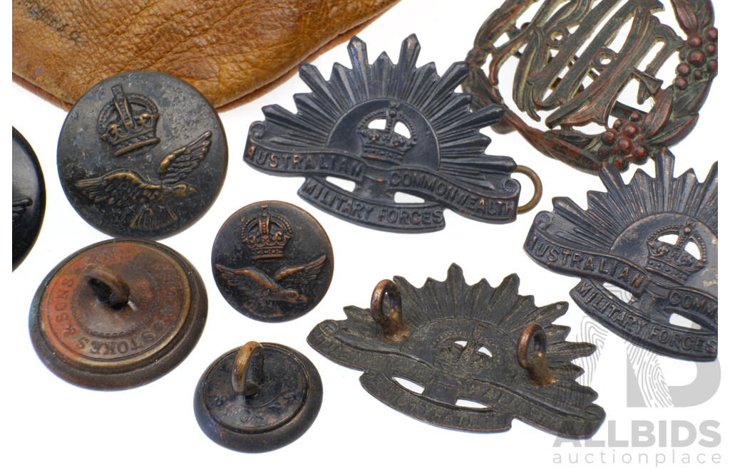 Antique RAAF Badge, Three Australian Commonwealth Military Forces Badges, and Various Bakelite and Other RAAF Badges