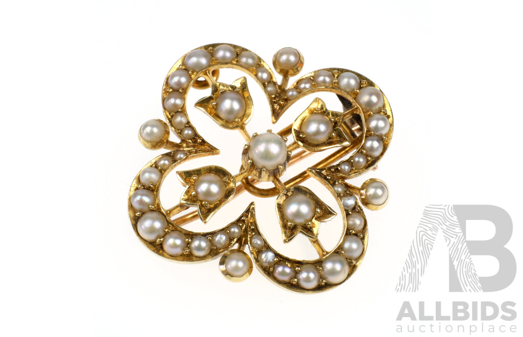 Antique Victorian 'Quatrefoil' 18ct Gold Seed Pearl Brooch