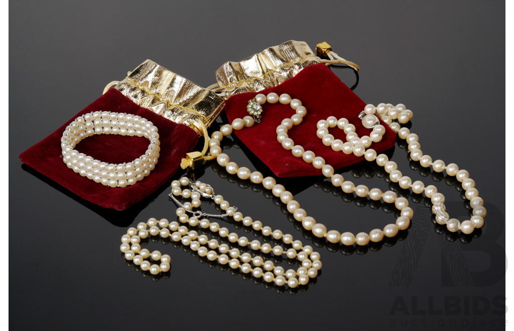 3 Vintage Strands of Pearls and Pearl Bracelet