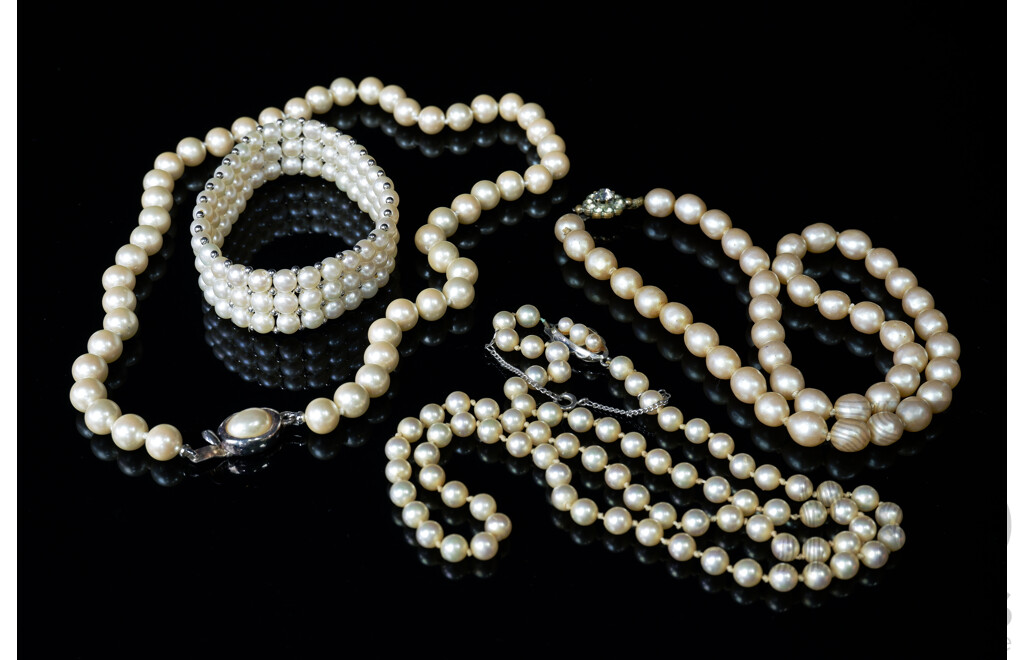 3 Vintage Strands of Pearls and Pearl Bracelet