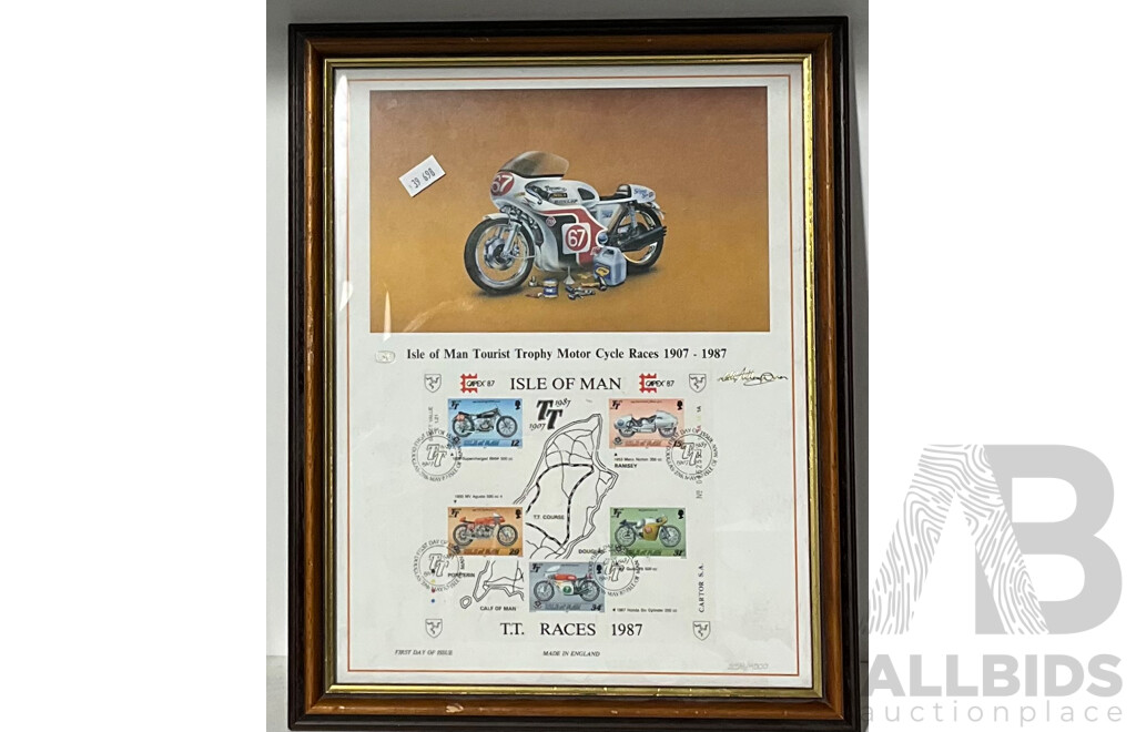 Isle of Man Tourist Trophy Motor Cycle Races 1907-1987 First Day of Issue T.T. Races 1987 Stamps - Framed