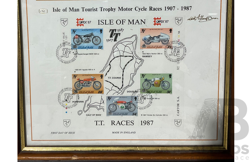 Isle of Man Tourist Trophy Motor Cycle Races 1907-1987 First Day of Issue T.T. Races 1987 Stamps - Framed