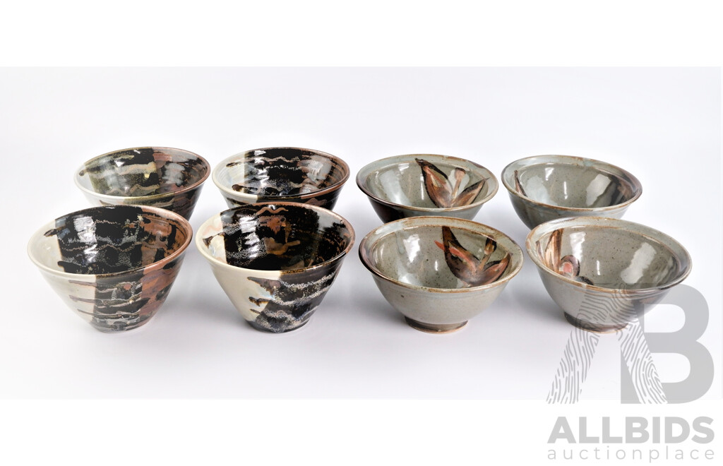 Four Mogo Pottery Glazed Studio Ceramic Bowls with Four Norfolk Island Glazed Ceramic Bowls