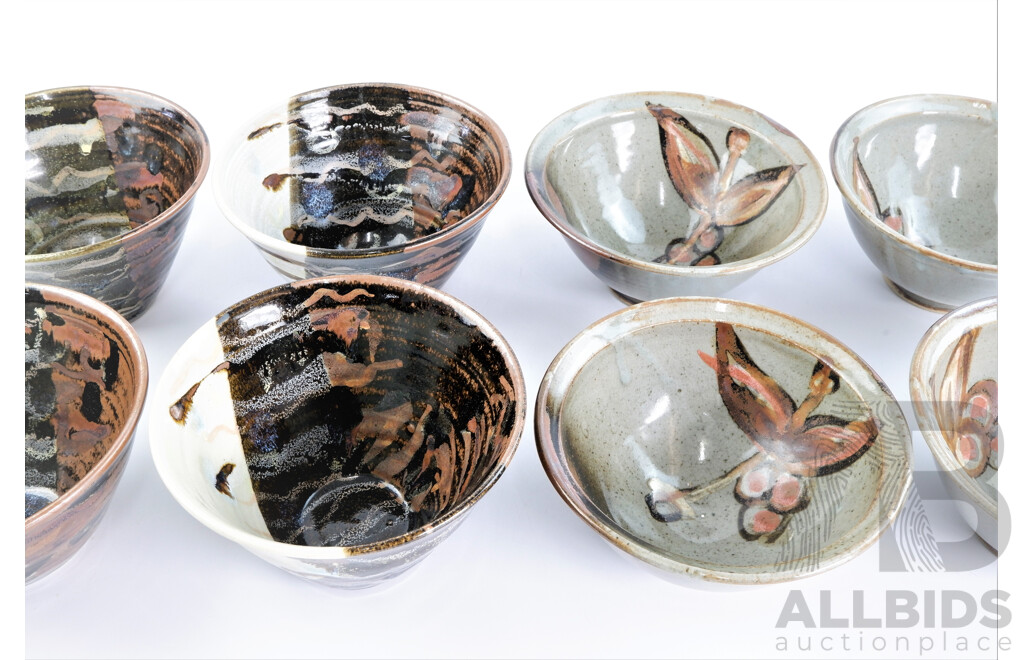 Four Mogo Pottery Glazed Studio Ceramic Bowls with Four Norfolk Island Glazed Ceramic Bowls