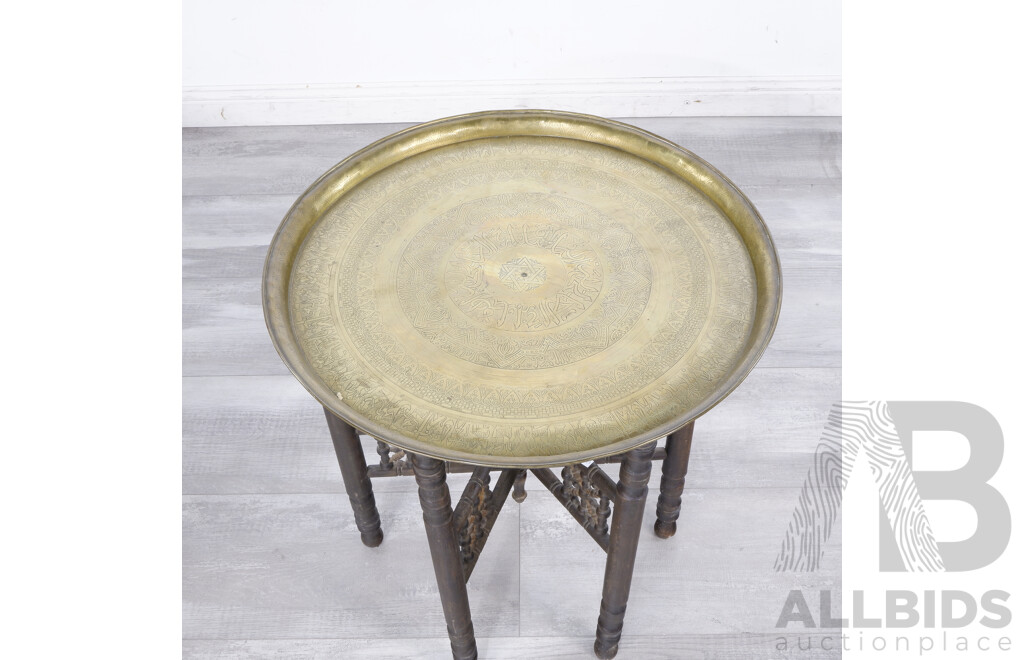 1940s Middles Eastern Style Brass Tray on Folding Table Base Engraved with Masonic and Egyptian Iconography